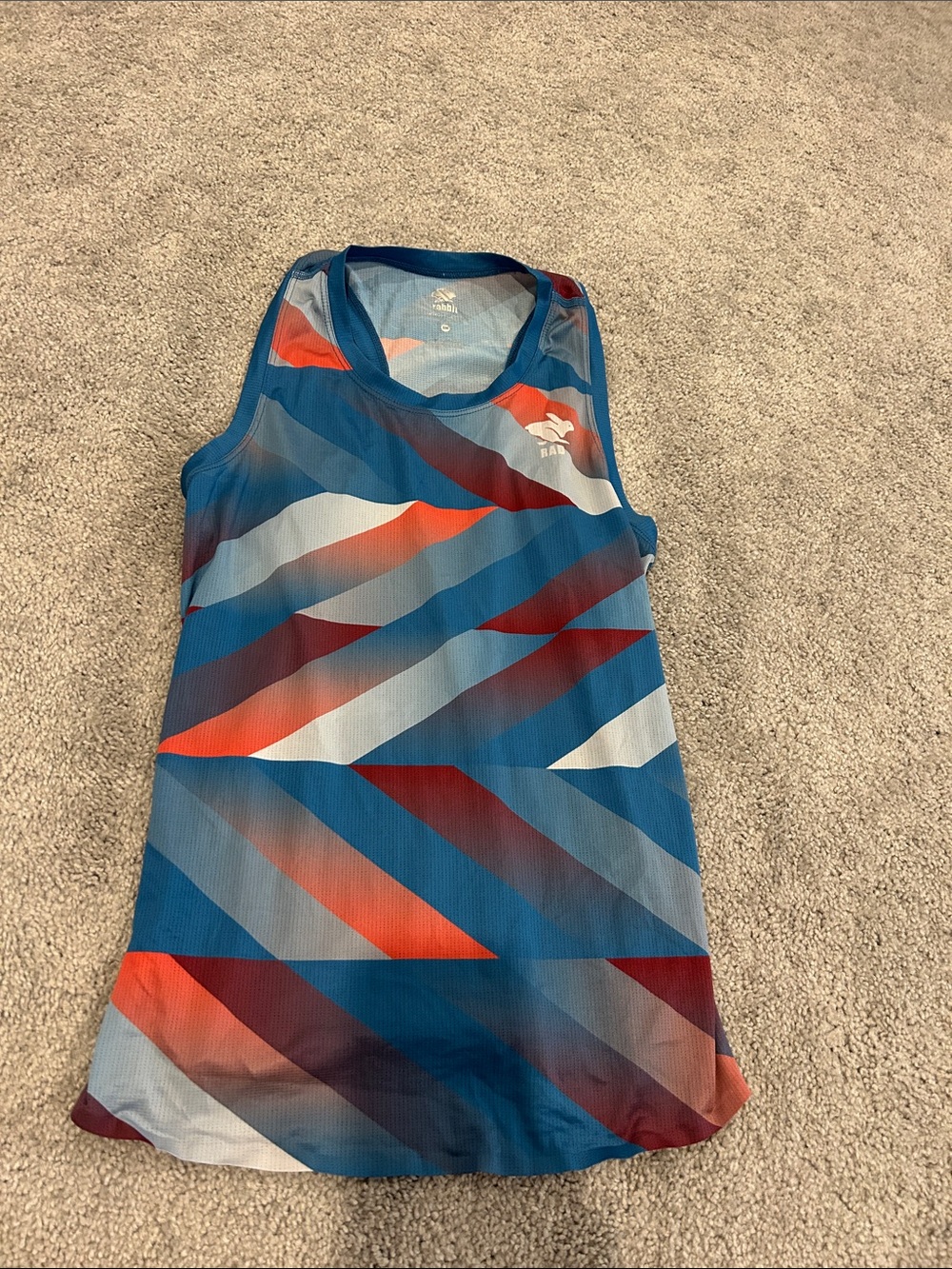 Blue Geometric Athletic Tank Top with Red and White Accents